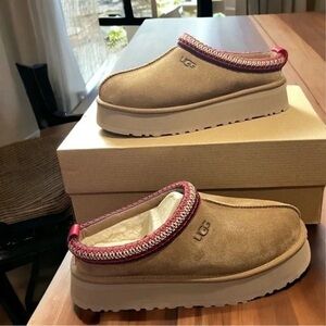 UGG Women's Tan Mules with Pink Accent